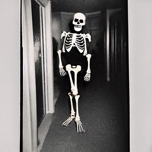 Image similar to A creepy polaroid photo of skeleton like billie eilish chasing you down a hallway with sharpy teeth