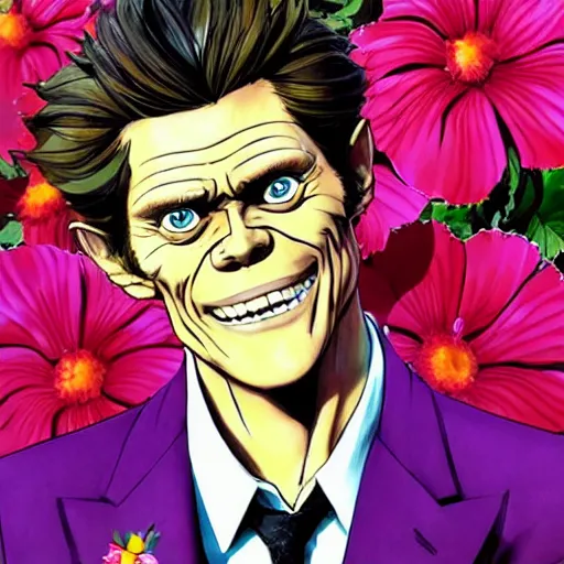 Image similar to willem dafoe, grinning, wearing a suit, posing, portrait surrounded by hibiscus flowers, jojo cover art, jojo anime style, david production, style of vento aureo cover art, style of stone ocean cover art, style of steel ball run cover art, style of jojolion cover art, ilya kuvshinov style, illustrated by hirohiko araki