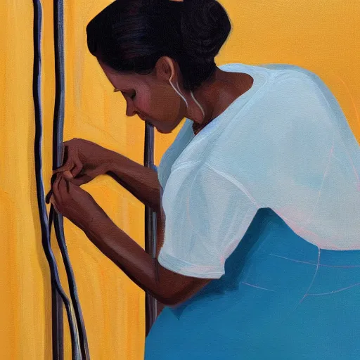 Image similar to woman building electrical wiring, soft lighting, acrylic on canvas