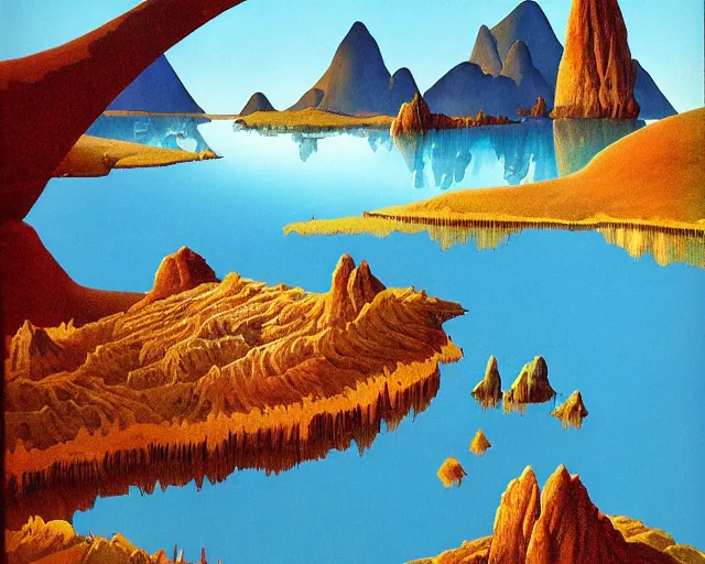 Image similar to roger dean 1 9 8 0 s art of distant mountains strange bizarre alien planet surface lakes reflective clear blue water, rainbow in sky, imagery, illustration art, album art