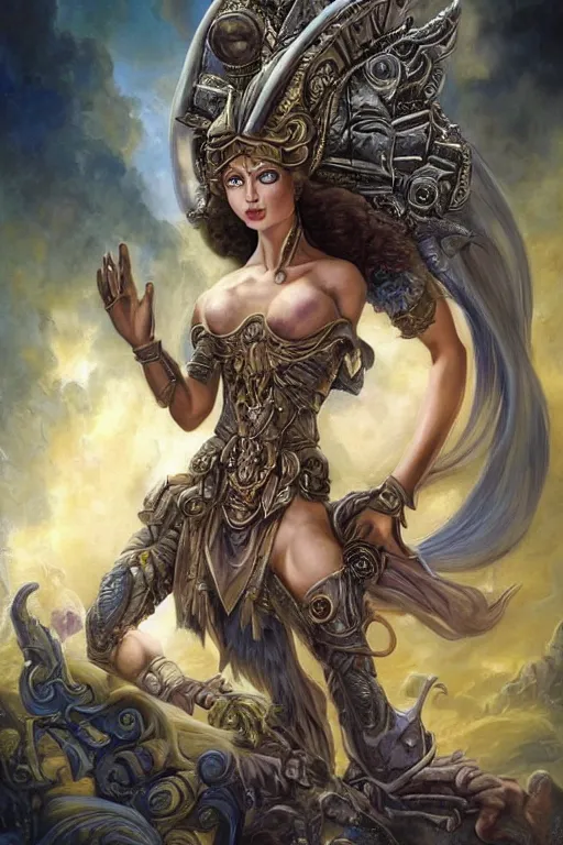 Image similar to Mystical Valkyrie, Portrait of a beautiful female Atlantean Anubis Alien Warrior, Regal, Realistic, Refined, Detailed Digital Art, François Boucher, Oil Painting, Michael Cheval, Esao Andrews, Art Frahm, Steampunk, Walt Disney (1937), frank frazetta, dynamic lighting, daily deviation, very very very very very beautiful, Highly Detailed, Cinematic Lighting, Unreal Engine, 8k, HD