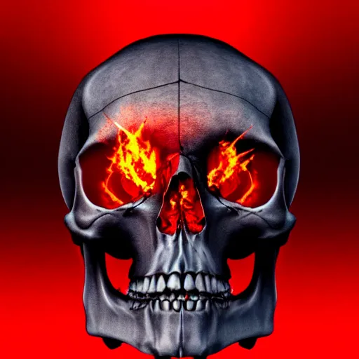 Prompt: a highly detailed human skull on fire in front of a glowing red background, 3 d, highly detailed, digital art, artstation, concept art, trending