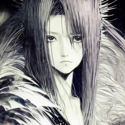 Prompt: yoshitaka amano blurred and dreamy illustration of an anime girl with black eyes, wavy white hair and cracks on her face wearing spiky elden ring armour with the cape fluttering in the wind, abstract black and white patterns on the background, noisy film grain effect, highly detailed, renaissance oil painting, weird portrait angle