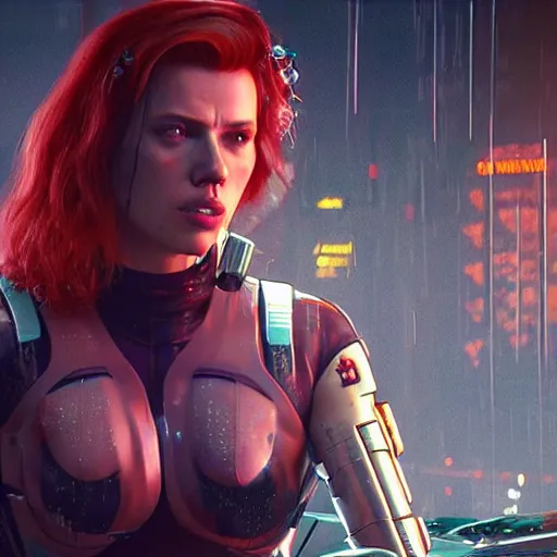 Prompt: bruised scarlett johansson after a bad mission in Cyberpunk 2077. CP2077. 3840 x 2160