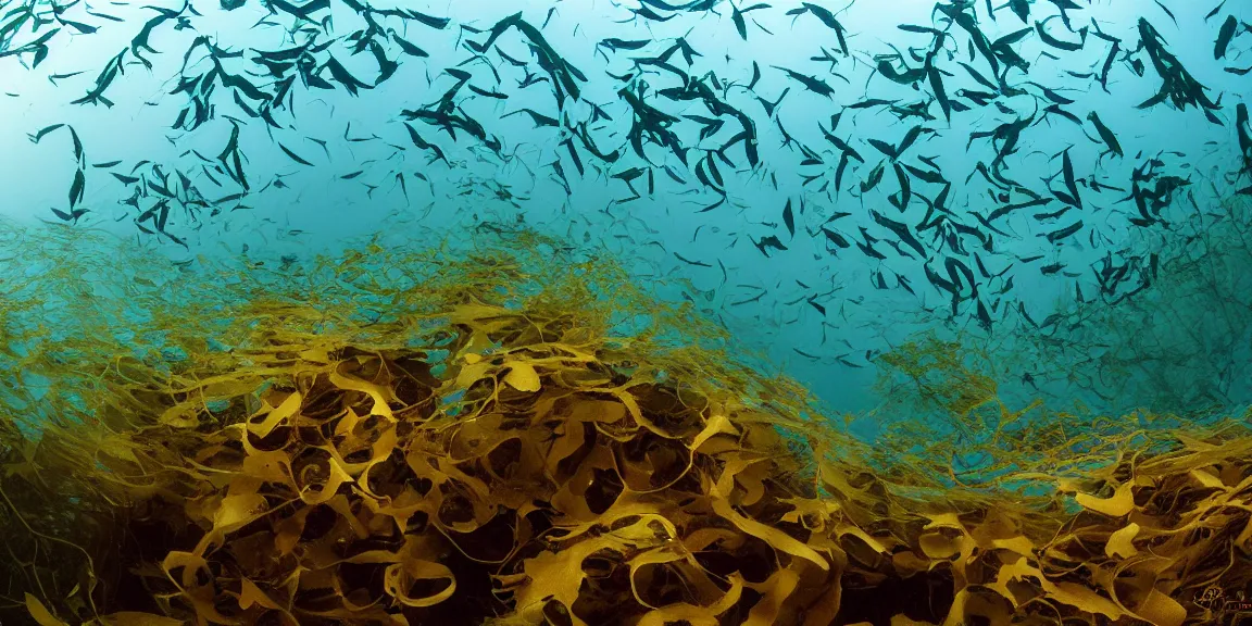 Prompt: Towering kelp forest off the coast of La Jolla Bay, giant kelp in large amounts standing upright, Garibaldi, California Sheephead, Sargo, Leopard sharks swimming in between the kelp. View from below, underwater photography. Afternoon glow, June 19th. Trending on Artstation, deviantart, worth1000. By Greg Rutkowski. National Geographic and iNaturalist HD photographs