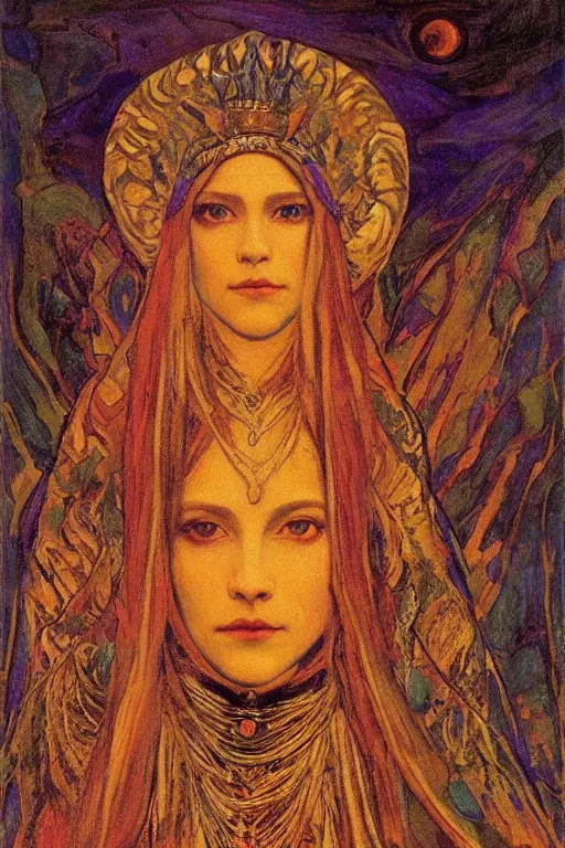 Image similar to queen of the moonlit mountains with her regalia, by Annie Swynnerton and Nicholas Roerich and jean delville, dramatic cinematic lighting , ornate headdress , flowing robes, lost civilizations, extremely detailed
