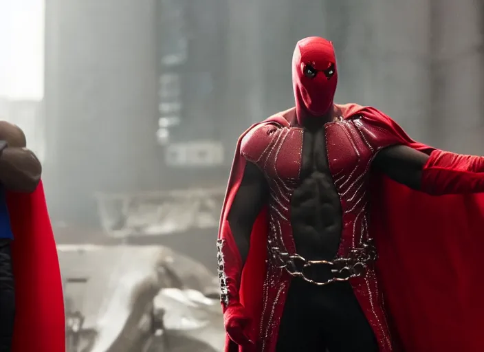 Image similar to film still of michael b jordan as spawn in the new spawn movie, giant chains, large cape, 8 k