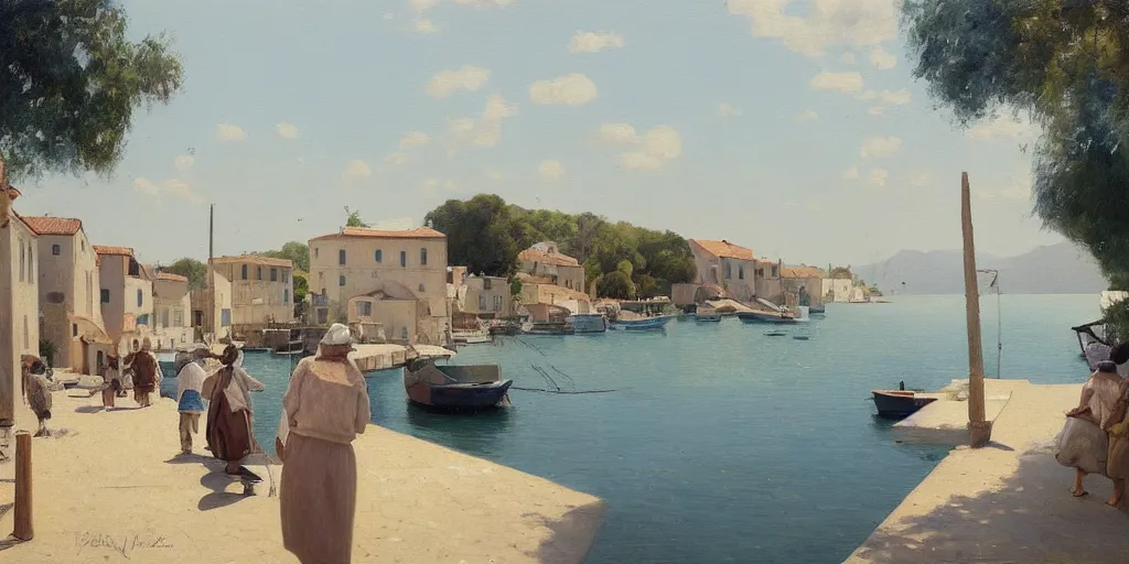 Image similar to a beautiful extremely complex painting of a mediterranean fishing village in summer by peter ilsted, whitewashed housed, tall cypress trees, blue shutters on windows, people walking down a street, trending and featured on artstation and behance