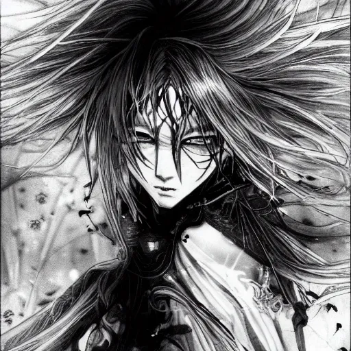 Image similar to Yoshitaka Amano blurred and dreamy illustration of an anime girl with wavy white hair fluttering in the wind and cracks on her face wearing elden ring armour with the cloak, abstract black and white patterns on the background, noisy film grain effect, highly detailed, Renaissance oil painting, weird portrait angle