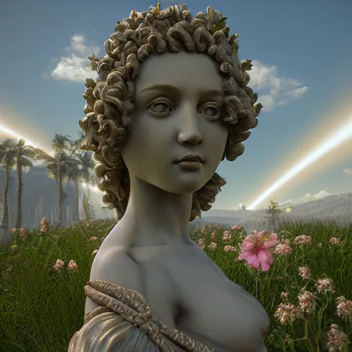 Prompt: baroque vaporwave statue, high detail, rendered in unreal engine, 3d render, god rays, volumetric lighting, award winning, vegetation, mark Ryden, oasis