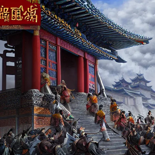 Image similar to dynamic composition, motion, ultra-detailed, incredibly detailed, a lot of details, amazing fine details and brush strokes, colorful and grayish palette, smooth, HD semirealistic anime CG concept art digital painting, watercolor oil painting of epic castle gate, from Three Kingdoms, by a Chinese artist at ArtStation, by Huang Guangjian, Fenghua Zhong, Ruan Jia, Xin Jin and Wei Chang. Realistic artwork of a Chinese videogame, gradients, gentle an harmonic grayish colors.