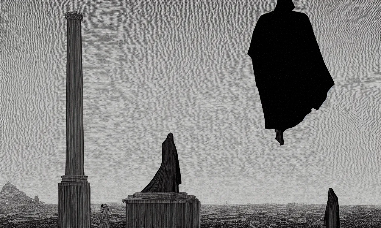 Prompt: a vibrant ultraclear drone view of man wearing black cape hoodie circling around obelisk inside parthenon by laurie greasley and rene magritte, ( ( etching by gustave dore ) ), colorful flat surreal, ethereal, intricate, sharp focus, illustration, highly detailed, digital painting, concept art, masterpiece