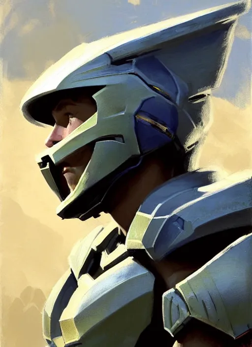 Image similar to Greg Manchess painting of Zelda wearing Forerunner armor from Halo, countryside, calm, fantasy character portrait, dynamic pose, above view, sunny day, thunder clouds in the sky, artwork by Jeremy Lipkin and Giuseppe Dangelico Pino and Michael Garmash and Rob Rey, very coherent asymmetrical artwork, sharp edges, perfect face, simple form, 100mm