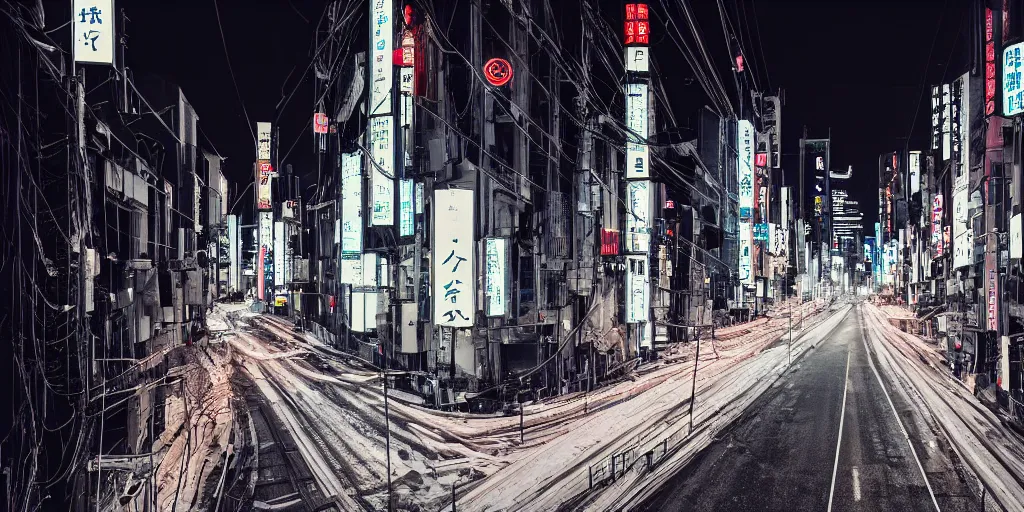 Prompt: a city street at night, snowing, photograph, cyberpunk, sharp focus, intricate detail, drone shot, high resolution, 8k, neon streetlights, wires hanging down everywhere, Japan,