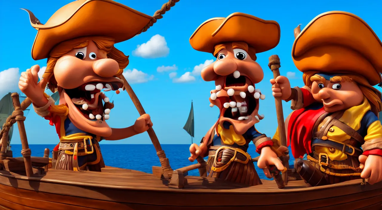 Image similar to a cartoonish pirate on a boat ready to conquer the island, highly detailed, photorealistic portrait, bright studio setting, studio lighting, crisp quality and light reflections, unreal engine 5 quality render