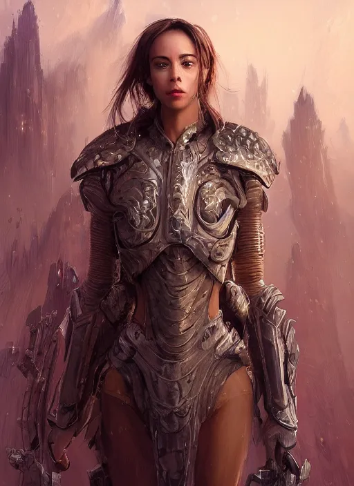 Image similar to a professional portrait of a beautiful young female, clothed in ethereal battle armor, olive skin, long dark hair, beautiful bone structure, symmetrical facial features, intricate, elegant, digital painting, concept art, smooth, sharp focus, finely detailed, illustration, from Valerian and the City of a Thousand Planets, in the style of Ruan Jia and Mandy Jurgens and Artgerm and Greg Rutkowski and William-Adolphe Bouguerea