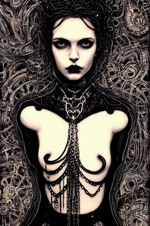 Image similar to dreamy gothic girl, black leather slim clothes, chain on her neck, beautiful body, detailed acrylic, grunge, intricate complexity, by dan mumford and by alberto giacometti, peter lindbergh