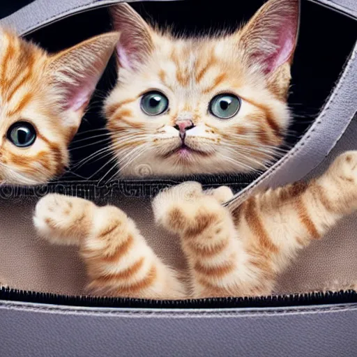 Prompt: lots of furry cute cats inside a big handbag, the handbag is over a wood table, stock photo, gray background, studio lighting, detailed photo, 4 k, 8 k