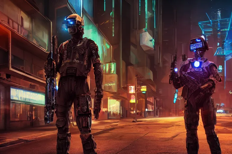 Image similar to 3d render of a detailed cyberpunk soldier with full-head helmet carrying a sci-fi futuristic energy rifle with glowing particles in his arms, standing in front of a dilapidated advanced cyberpunk city at night, lit up by the streetlights and electronic billboards, 4k, Unreal Engine, octane render