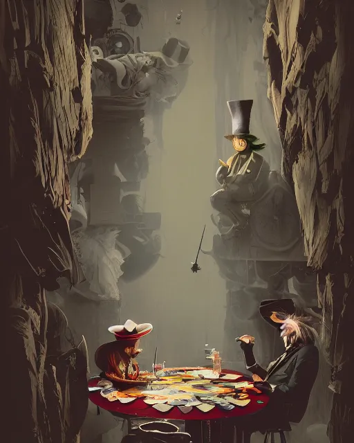 Image similar to tom petty as the mad hatter, contrast, kim jung gi, greg rutkowski, zabrocki, karlkka, jayison devadas, trending on artstation, 8 k, ultra wide angle, zenith view, pincushion lens effect