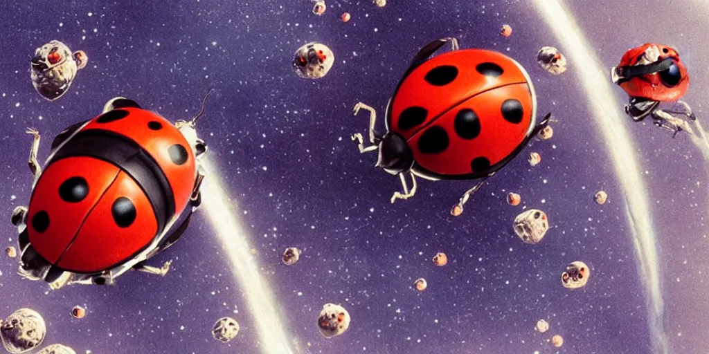 Image similar to a 3 d rendered movie still a ladybug descendant 1 million into the future. the ladybug is sentient, wears a spacesuit, and travels the stars in a super awesome space ship. science fiction blockbuster movie ladybugs rule the world, imax 7 0 mm. bladerunner, silent running