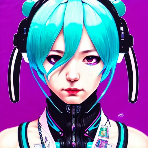 Image similar to high quality high detail 3 / 4 portrait of a hatsune miku as diesel punk character in an futuristic world, techwear, tristan eaton, victo ngai, artgerm, rhads, ross draws, hyperrealism, intricate detailed, alphonse mucha, pastel colors, vintage, artstation