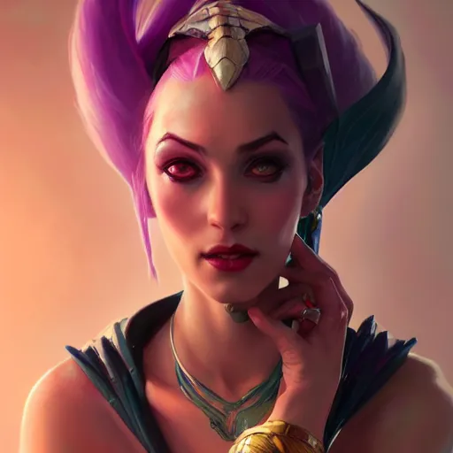 Image similar to Portrait of Jinx from League of legends ,highly detailed, digital painting, artstation, concept art, sharp focus, illustration, art by greg rutkowski and alphonse mucha