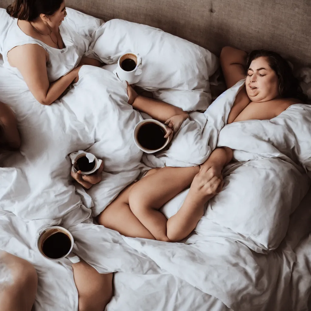 Prompt: a beautiful fat woman drinking coffee in a bed with white sheets drinking coffee