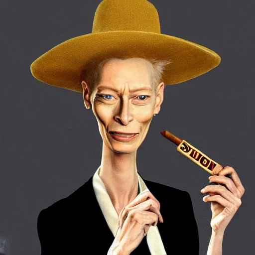 Image similar to caricature of tilda swinton smoking a cuban cigar by salvador dalí, trending on art station, 4K