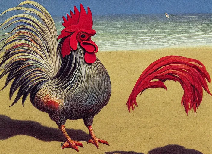 Image similar to rooster, beach, painting, fine art, hard edge painting, tonal colors, polychromatic - colors, by richard dadd