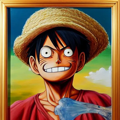 Image similar to monkey d. luffy oil - on - canvas painting, inspired by emanuel leutze