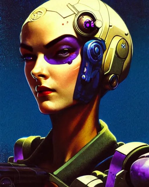 Image similar to widowmaker from overwatch, character portrait, portrait, close up, concept art, intricate details, highly detailed, vintage sci - fi poster, retro future, in the style of chris foss, rodger dean, moebius, michael whelan, and gustave dore