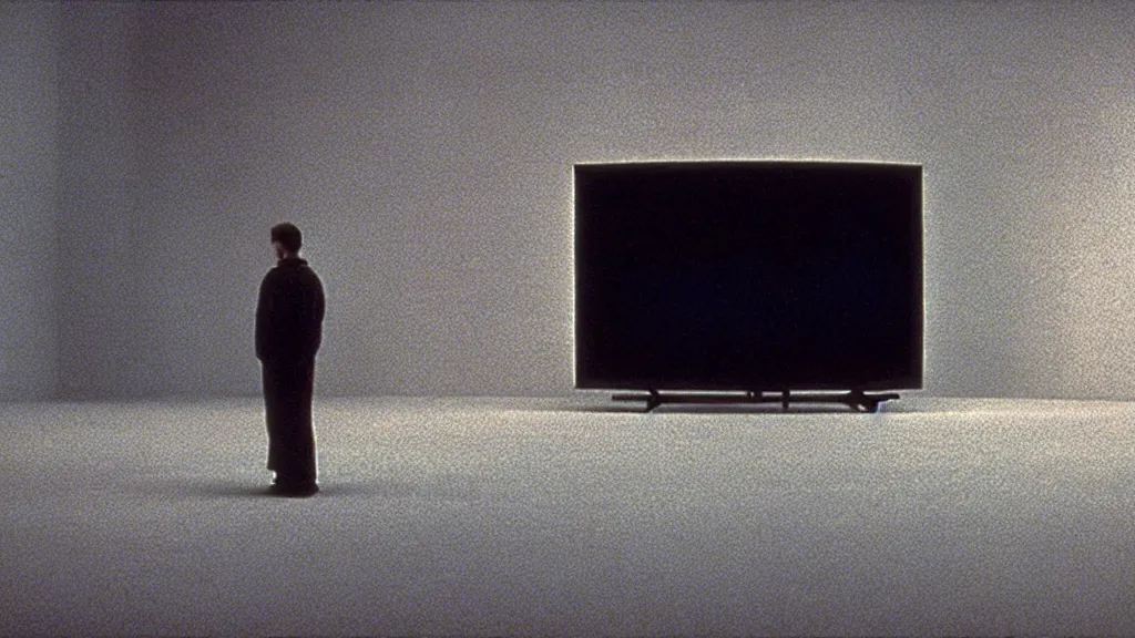 Prompt: a television with static playing on it, film still from the movie directed by Denis Villeneuve with art direction by Zdzisław Beksiński, wide lens