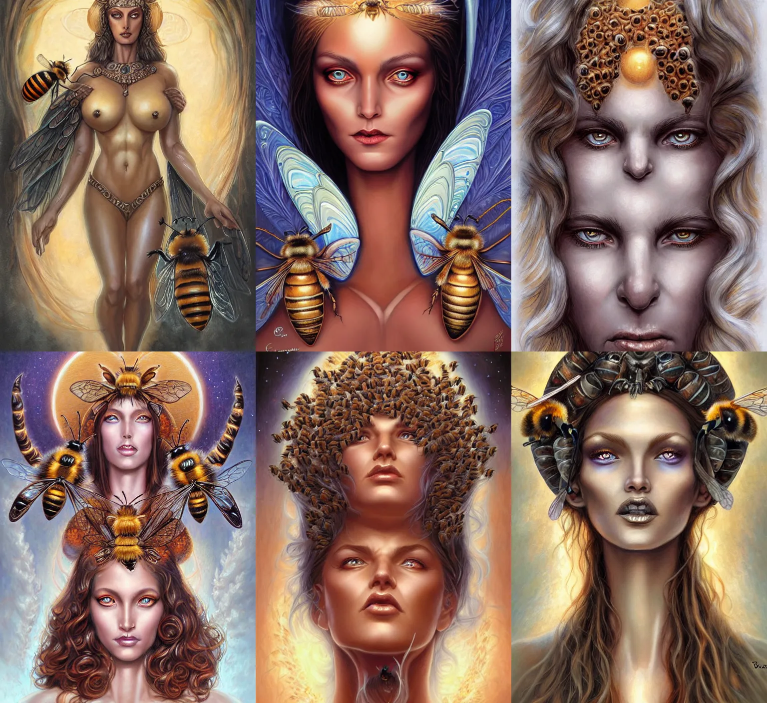 Prompt: stunning goddess of bees portrait, crystal clear eyes. realistic, symmetrical face. art by bowater charlie, mark brooks, julie bell, arian mark, tony sandoval