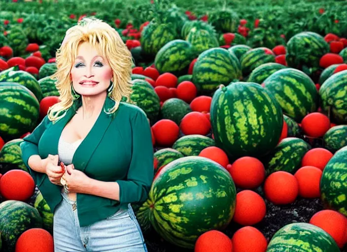 Image similar to studio portrait photo still of 2 0 year old dolly parton!!!!!!!! at age 2 0 2 0 years old 2 0 years of age!!!!!!! surrounded by watermelons, 8 k, 8 5 mm f 1. 8, studio lighting, rim light, right side key light