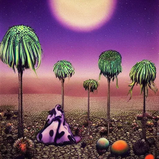 Prompt: oasis in the dessert, night, animals, psychedelic, realistic by tim burton.