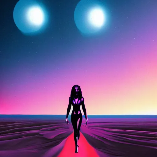 Image similar to A wide angle shot from below of a feminine body walking with swagger towards camera on mars in an infinite universe , synthwave digital art