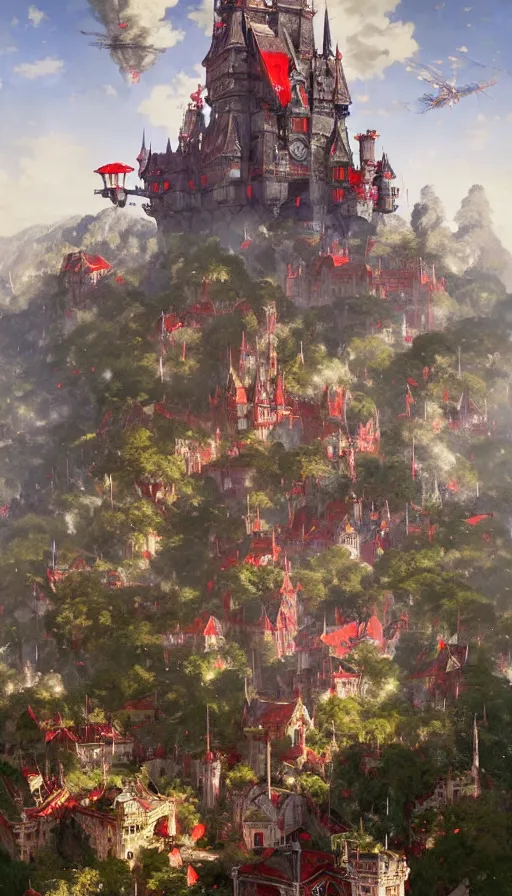 Image similar to castle seen from the sky being attacked by huge red army, cyberpunk, design on white background, beautiful details, lush foliage, drawn by john singer sargent, tom bagshaw, norman rockwell, alphonso mucha, lolish, trending on artstation