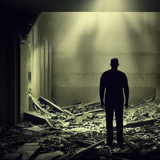 Image similar to A mysterious man standing in the middle of a stair hallway looking in the direction of the camera, the man is using a flashlight in a City in ruins with vegetation growing from the destroyed buildings :: apocalyptic, gloomy, desolate :: long shot, low angle, dramatic backlighting, symmetrical photography :: cinematic shot, highly detailed