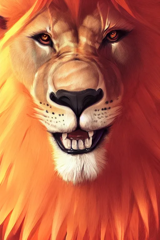 Image similar to portrait of a lion man warrior, fursona, furry art, anthro, light orange fur, detailed long dark orange mane, orange eyes, anime key visual, makoto shinkai