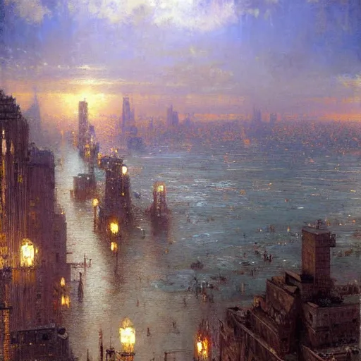 Image similar to the sea flooding the entire city of modern new york. you can see the water entering buildings highly detailed painting by gaston bussiere, craig mullins, j. c. leyendecker