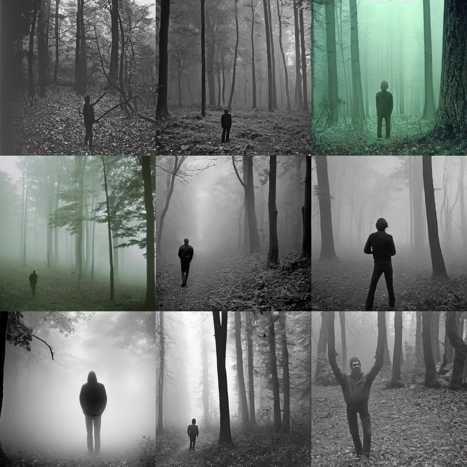Prompt: mysterious and scary forest, mist, birds, a little weird man , 1972 photo