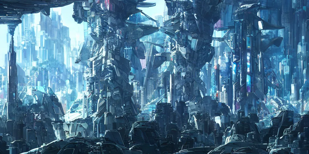 Prompt: towering ruins of alien megastructures, hidden crystal prisms underground, screenshot from the award-winning science fiction anime, from the anime film ghost in the shell, trending on artstation