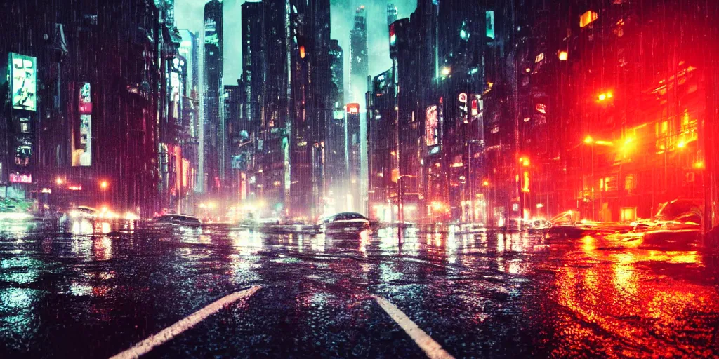 Image similar to a city street at night, raining, photograph, cars on the road, cyberpunk,