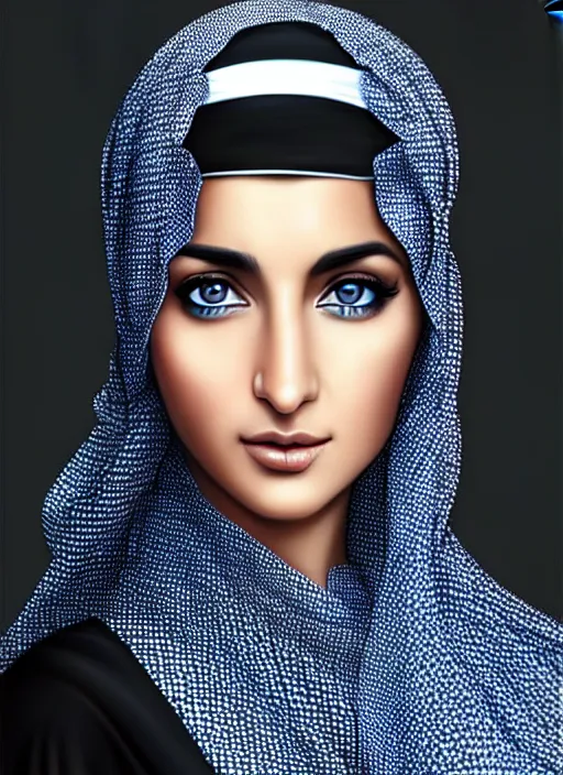 Prompt: arab ameera al taweel, blue eyes, black hair, white veil, in the style of stefan kostic, realistic, sharp focus, 8k high definition, insanely detailed, intricate, elegant, art by stanley lau and artgerm