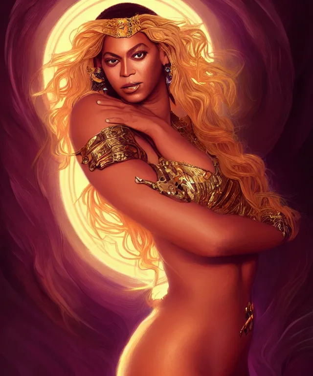 Image similar to Beyoncé as a fantasy magic woman portrait, sci-fi, amber eyes, face, long hair, fantasy, intricate, elegant, highly detailed, digital painting, artstation, concept art, smooth, sharp focus, illustration, art by artgerm and greg rutkowski and alphonse mucha