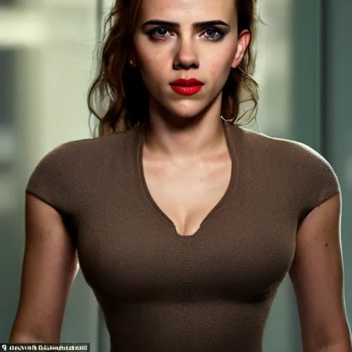 Image similar to a woman who is a genetic combination of scarlett johansson and emma watson face and upper - body focus