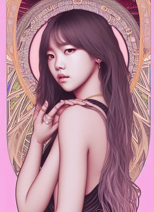 Prompt: lalisa manoban of blackpink, goddess of the moon, tarot card, highly detailed, digital painting, smooth, sharp focus, illustration, ultra realistic, 8 k, art by artgerm and alphonse mucha