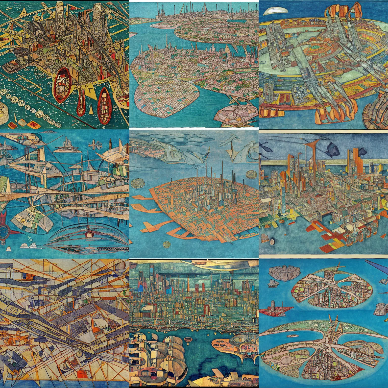 Prompt: a detailed map of a futuristic dystopian city located in an island surrounded by water with a few flying ships stationed around it, in the style of diego rivera schiele, full color, exploded view, modernism
