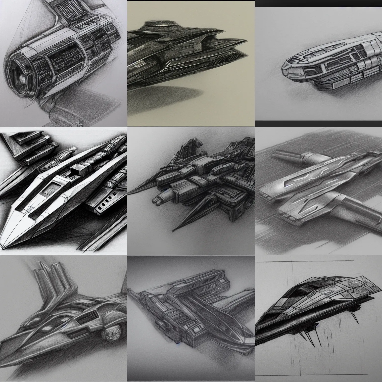 Prompt: detailed graphite pencil sketch of a cyberpunk spaceship.